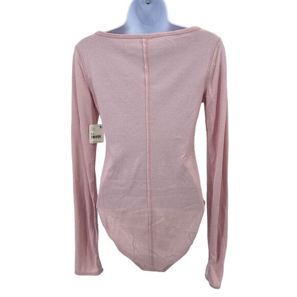 Free People Intimately Sloane Bodysuit Pink Nectar Knit WMN XS Henley Snap Scoop - Picture 3 of 13